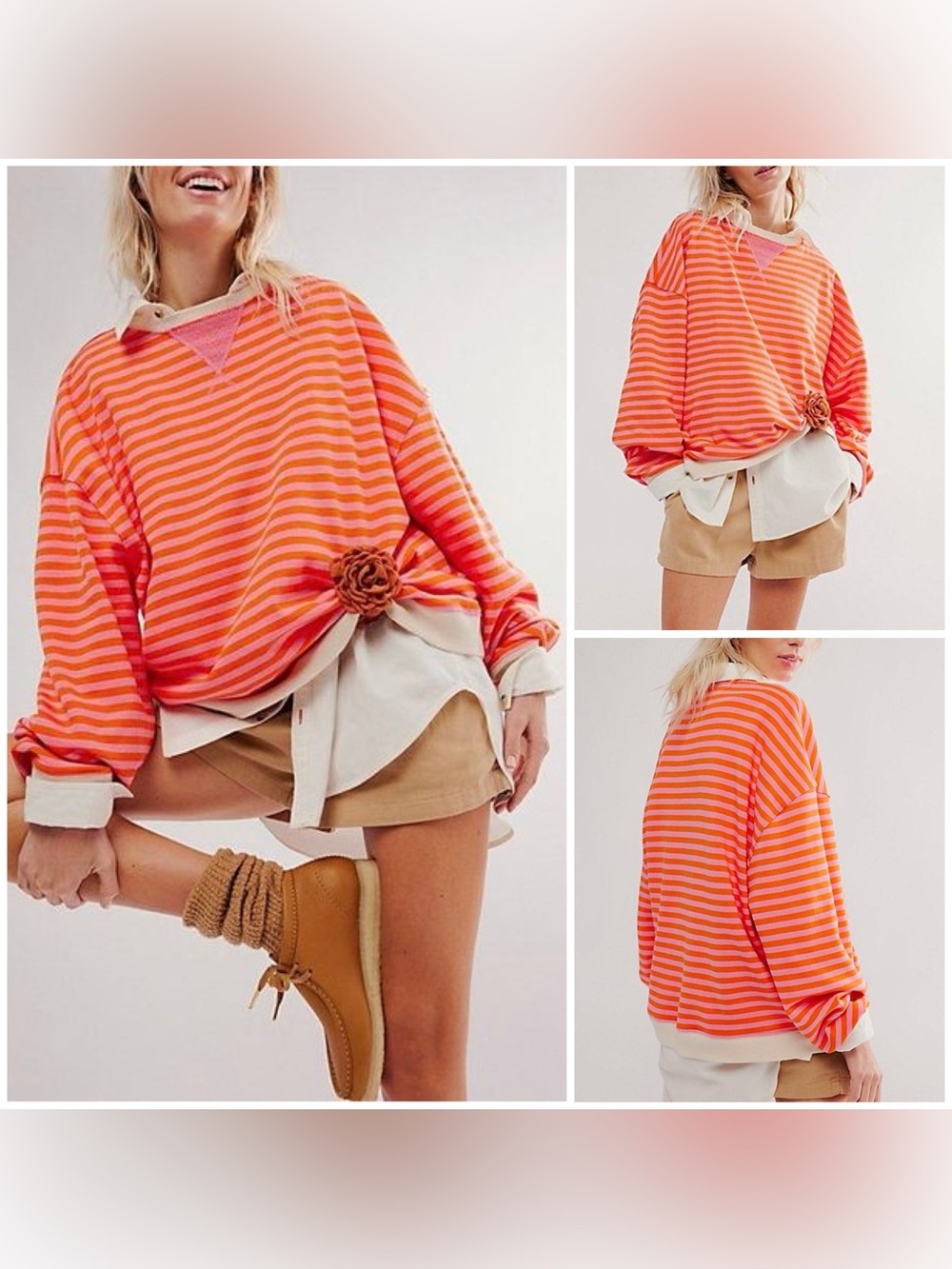 NWOT Free People We The Free Classic Striped Oversized Crewneck Orange combo- XL